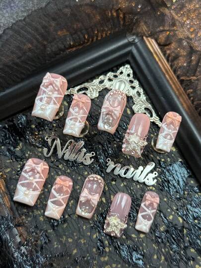 10pcs Square Acrylic Nail Kit, Light Pink Nails, Silver French Nails, Hand Drawn White Ballet Tie Lines, 3D Pink Bow&Silver Gold Hollow Stars&Pink Purple Diamonds And Other Nail Accessories, Gentle And Exquisite, Perfect For Pairing With Lolita&Ballet Outfits, Y2K Style Nail Art Set,Very Suitable For Women And Girls To Attend Theme Parties&Ceremonies&Everyday&Valentine's Day And Other Holiday Uses,Including One Piece Of Jelly Glue And One Friction Strip Nail Stuff