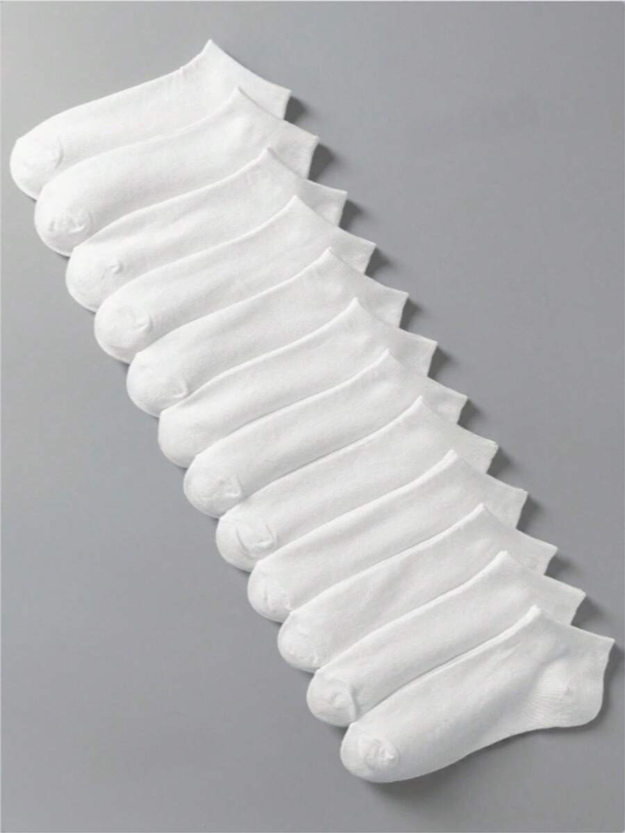 12pcs White Solid Color Breathable Deodorizing Women's Ankle Socks - White - View 1