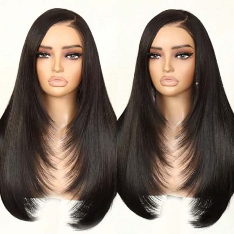 UandA Glueless C-Part Natural Black Straight Layered Wig Wear and Go 9x7 Lace Front Synthetic Wig Pre style Pre Plucked Pre Cut Vivid Self-growing Hairline Tiny Knots Premium Fiber 22Inch - C Parted2Natural Negro - Ver 1