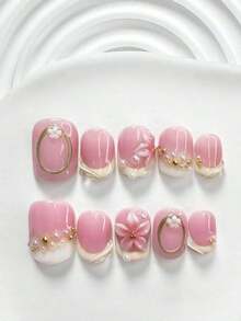 10pcs/Set Valentine's Day Handmade Nail Art Kit, Includes White Flower & Bow Decor, White & Red Gel Nails, French Polka Stickers, Heart Painting, Silver Beads Embedded, 3 Sizes Available: Almond/Square/Coffin Shape, With Set, Suitable Sweet Ladies & Girls, Valentine's Day/Party/Daily Wear Nail Supplies Handmade Press On Nails - 多色 20 - 查看 3