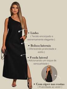 Linen Dress With Asymmetrical Detail, Pockets And Side Slit - Black - View 6