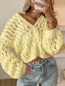 Spring/Summer New Women Knitted Cardigan, Casual Street Style, Hollow-Out Design With Button, Long Sleeve Solid Color Jacket With Unique Design - Light Yellow - View 6