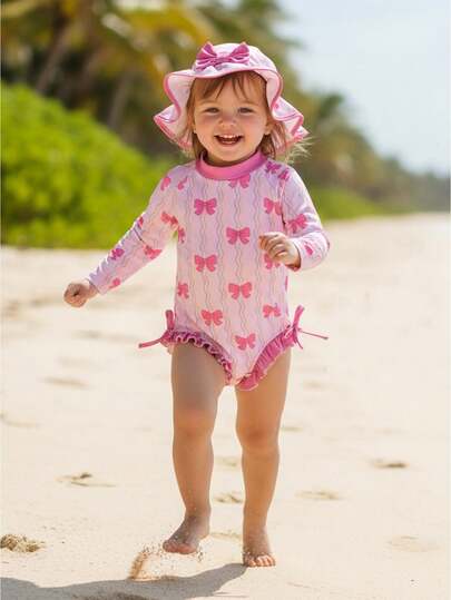 Toddler Baby Girl One Piece Swimsuit With Sun Hat Rash Guard Zipper Ruffle Bathing Suit Infant Swimwear 2PCS
