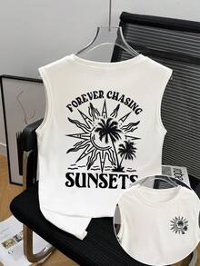 Plus Size Women Loose Casual Vacation Romantic Round Neck Daily "Chasing Sunset" Tropical Palm Tree Print Casual T-Shirt, Women Summer Tank Top, Women Summer Blouse, Women T-Shirt, Festival White - White - View 3