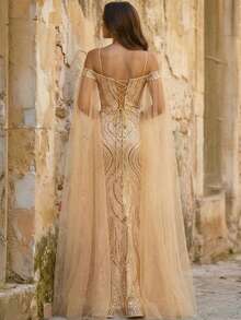 Vestido de noche de sirena con destellos de perlas, adecuado para invitados de boda, fiestas formales, elegante vestido largo ajustado con hombros descubiertos para fiesta de primavera - Champán - Ver 2