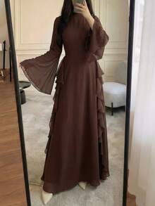 Women's Elegant Ruffled Trim Fitted Long Sleeve Chiffon Dress, Coffee Color, Spring/Summer - Brown - View 4