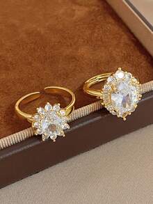 18K Gold Plated Anti-Fading Elliptical Flower Zirconia Ring Set,Women's Ring Set,For Women,Party,Daily,Birthday/Halloween/Christmas Gifts,Boho/Y2K - Multicolor - View 3
