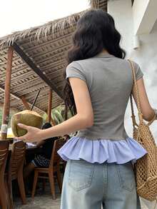 女士修身短袖T恤，拼接下摆，夏季休闲家居服 - 灰色 - 查看 10