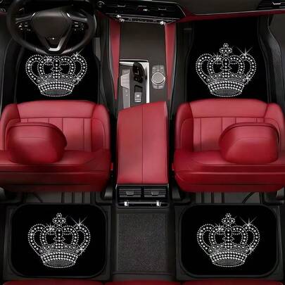 Bộ 4 thảm trải sàn ô tô bền chắc với họa tiết vương miện - Thảm trước và sau phù hợp với mọi dòng xe, phụ kiện nội thất ô tô, quà tặng Giáng sinh.