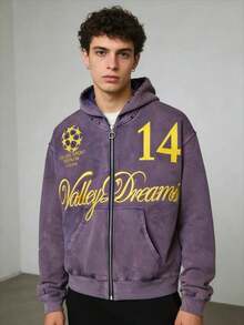 Sudadera con capucha con cremallera y estampado de patrón de estilo retro Y2K para hombres, abrigo largo de manga larga holgado y vintage - Morado - Ver 1
