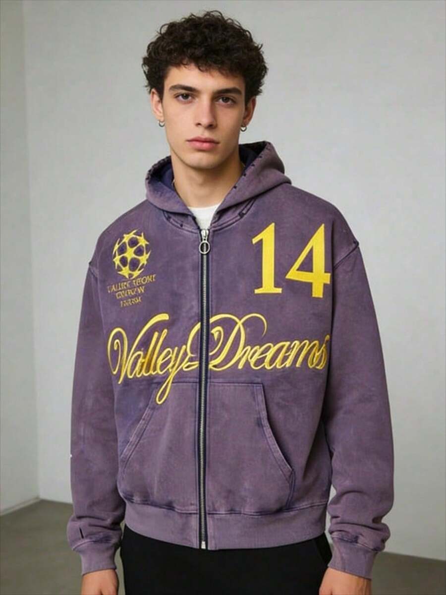Sudadera con capucha con cremallera y estampado de patrón de estilo retro Y2K para hombres, abrigo largo de manga larga holgado y vintage - Morado - Ver 1