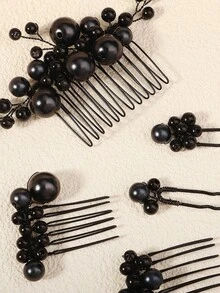 5 pezzi Set di pettini e fermagli per capelli retrò neri con perle finte, accessori eleganti per acconciature da sposa realizzati a mano con perline, adatti per banchetti, feste, estate, spiaggia, matrimoni - nero - Visualizzare 11