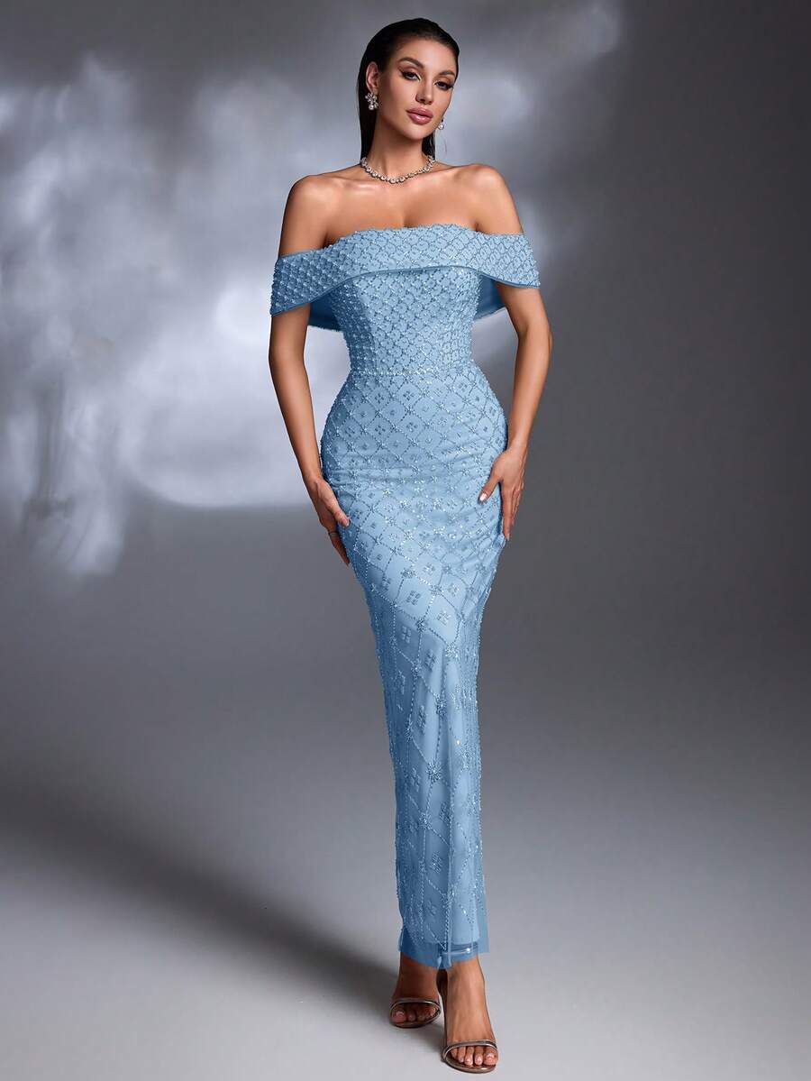 AMILUCK New Luxury High-End Sequin, Sequins, Lace Off-Shoulder Ruffle Hem Slit Elegant Dress, Suitable For Formal Occasions, Parties, Red Carpet, Weddings - Babyblå - Visa 1