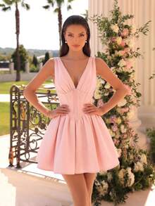ADYCE Elegant V-Neck Bow Ruched Waist Fishtail Zipper Mini Dress, Suitable For Parties, Birthdays, Galas, Weddings, Cocktail Events, Family Holidays Spring - Baby Pink - View 5