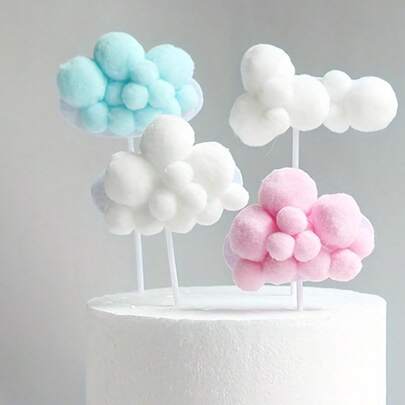 10pcs Birthday Cake Decorations, 3D Powder White Cloud Hot Air Balloon Baking Tags, White Plush Balls, Blue Flags, New Year Dessert Table, Mother's Day Wedding And New Year Cake Decorations