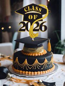 1件2026毕业帽蛋糕装饰插牌，毕业派对蛋糕装饰，黑色和金色“毕业祝贺”字样，蛋糕插签，蛋糕装饰用品 - 流蘇 - 查看 5