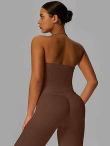 Yefecy New Impact Sports Yoga Tank Top, Women Fitness Yoga Shirt, Sports Wear, Backless Ruched Built-In Bra Crop Top Spring - Brown - View 3