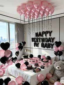 13/60件組粉色與黑色生日氣球花環套組，包含生日快樂橫幅、心形鋁箔氣球、珍珠粉加厚乳膠氣球，適合女性公主主題派對、蝴蝶結主題派對、背景裝飾、週年紀念、飯店驚喜、拍照道具 - 款式二 - 查看 8