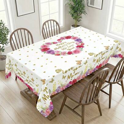 1件母亲节花朵爱心印花桌布，适用于节日、派对、生日、晚宴、餐厅餐桌装饰、四季皆宜、家居装饰