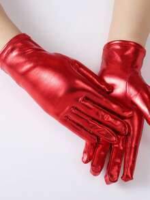 1 双短款漆皮手套，朋克表演手套，暗黑原宿风舞蹈手套，角色扮演银色手套 - 黑色 - 查看 6