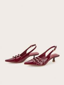 Women's Pointed Toe Breathable Fashion Buckle Kitten Heel Slingback Sandals With Backstrap - Burgundy - View 3