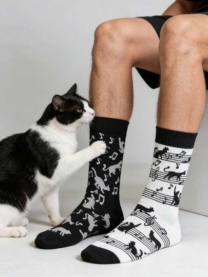 1 paar unisex sokken, zwart-wit katten cartoon ontwerp, geschikt voor alle seizoenen, buitensporten, fietsen, hardlopen