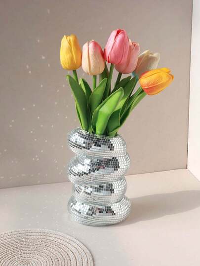 1pc Disco Ball Planter, Minimalist Artistic Plastic Vase, Pen Holder, Makeup Brush Organizer, Home Decor, Unique Silver Mirror Disco Ball Spiral Vase, Home Living Room Kitchen Office Desk Decoration (Silver)