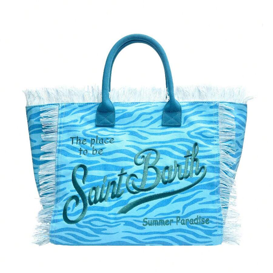 Canvas-Strandtasche Mit Quasten, Große Kapazität, Reise- Und Stadttasche - Zebra Blue - View 1