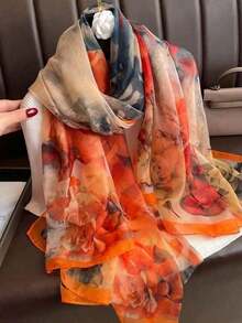 1pc Women Orange Chiffon Scarf, Lightweight, Versatile, Suitable Spring, Autumn, Travel, Dress ZMLL - 亮橙色 - 查看 7