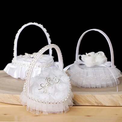 1pc Mini Lace & Pearl Ring Pillow, Heart Shaped Ring Bearer Pillow For Wedding