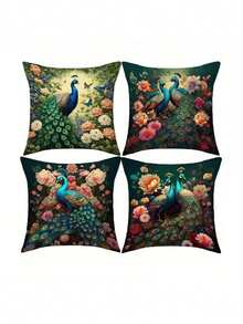 1/4Pcs, Vintage-Style Peacock Oil Painting Velvet Throw Cushion Covers Woven Polyester 17.7X17.7 Inch, Zippered, Geometric-Patterned For Sofa And Home Decor, Machine Washable - Multicolor - View 9