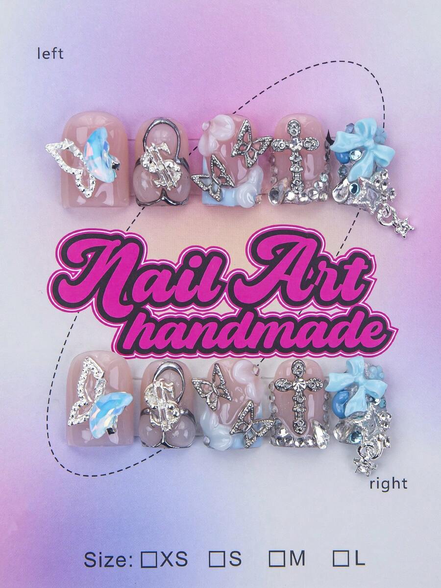 10 pièces/paquet Ongles carrés style Y2K faits à la main, couleurs nude et noir avec décorations french tips, nœuds, strass, fleurs. Convient pour les femmes et les filles pour les fêtes, les mariages, le port quotidien. Comprend des outils à ongles. Excellent cadeau pour les faux ongles à clipser - Bleu ciel - Voir 1
