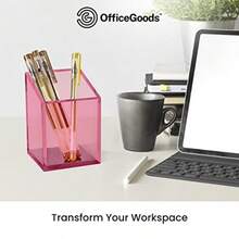 OfficeGoods Acrylic Pen and Pencil Holder - Modern Trapezoid Design - Beautiful Desk Organizer for Home or Office - Contrasting Metal Base - 3" Square w/ 3.5" Front and 4.5" Back - Pink - Rosa - Ver 5