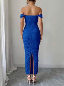PRETTYGARDEN Women's Summer Dresses Off The Shoulder Dress Ruched Bodycon Sleeveless  Evening Elegant Dresses Wedding Guest Graduation  Cocktail Club Party Blue Maxi Dresses - 藍色 - 查看 2