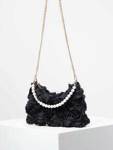 Crossbody Bag, Floral Print, Pearl Decor, Chain Strap, Women's Handbag, Gala Night, Party Outfits, Prom Bag, Prom Accessories, Wedding Items, Elegant Women's Wallet, Gifts For Women (Pattern Random) - Black - View 6