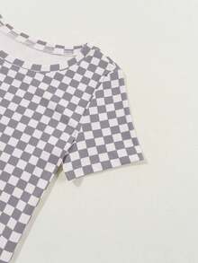 Acelitt Camiseta de manga corta de ajuste ceñido con cuello redondo, estampado de ajedrez en bloques de color, de color gris claro, adecuada para salidas casuales - Gris Claro - Ver 6