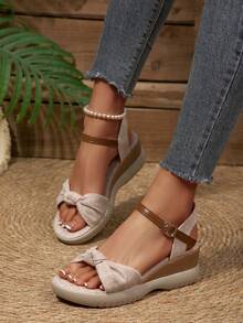 Women's Summer New High Heel Wedge Sandals, Waterproof Platform Thick Bottom One-Strap Open Toe Casual Beach Home Slippers - Beige - View 2