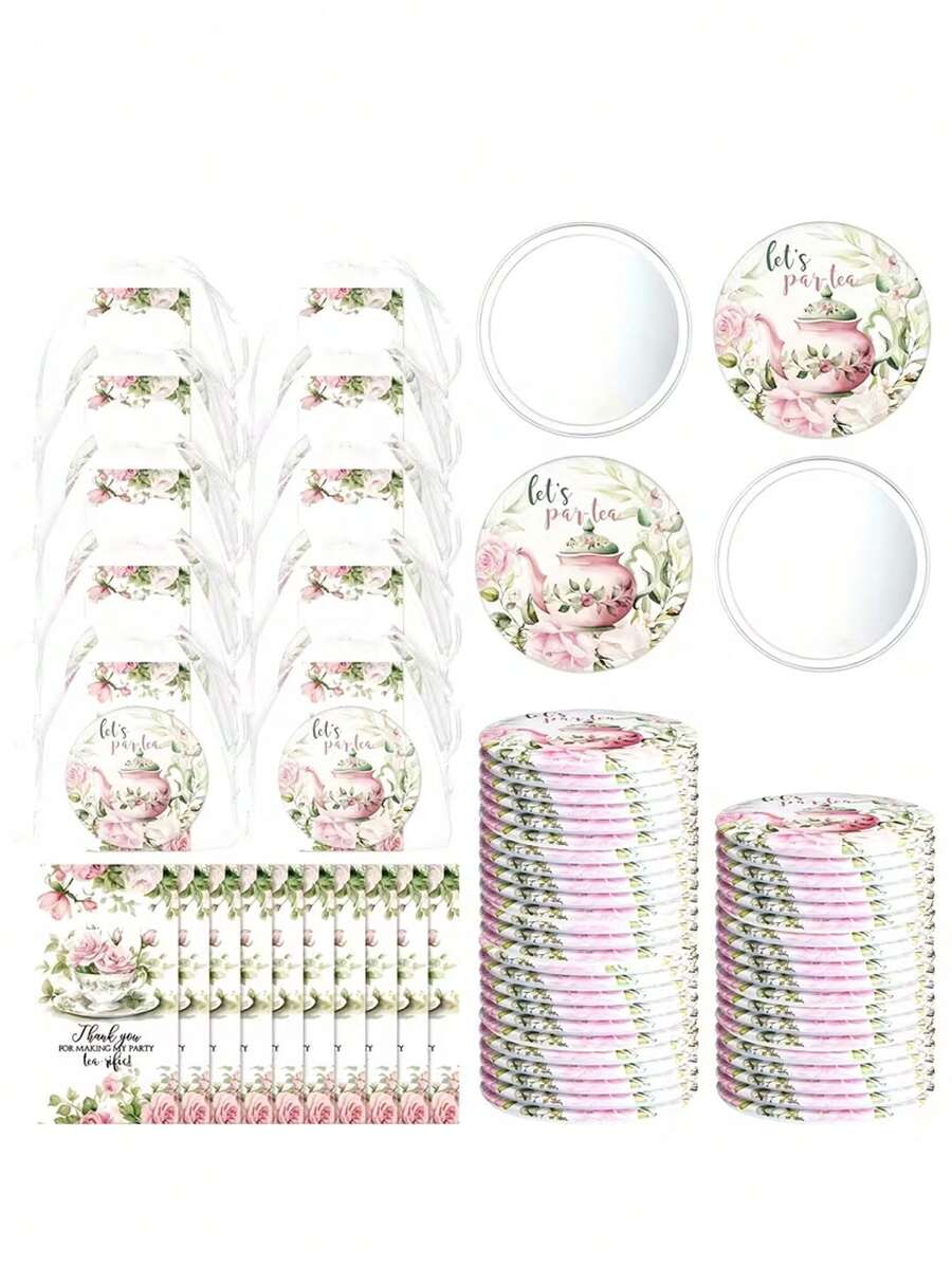 Bộ quà tặng tiệc tùng 30 món/15 món gồm ấm trà và gương tròn mini họa tiết hoa - Bao gồm 10/5 gương mini, 10/5 thiệp "Cảm ơn" và 10/5 túi vải organza. Với điểm nhấn là họa tiết hoa và tách trà duyên dáng, bộ quà tặng này là món quà lý tưởng cho các bữa tiệc cưới, sinh nhật, tiệc độc thân, kỷ niệm, tiệc trà, tiệc cô dâu và các buổi tụ họp theo chủ đề khác. - Một kích cỡ phù hợp cho tất cả - Xem 1
