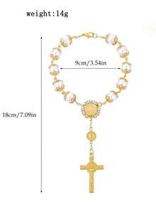 1pc Gold Crystal Cross Rearview Mirror Decor, Elegant Beaded Car Pendant Accessory - Gold - View 3