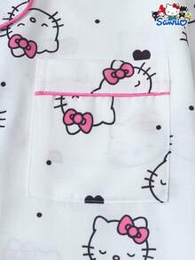SANRIO 女士睡衣套装，心形印花短袖口袋上衣和蝴蝶结短裤，休闲家居服 - 白色 - 查看 5