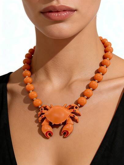 1件装度假风海洋个性化优雅橙色串珠螃蟹吊坠项链，适合海滩派对、度假、通勤等场合。