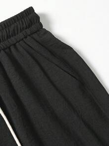 1件杏色男士亚麻质感直筒裤，抽绳松紧腰带，透气柔软，男士沙滩裤，休闲度假风，适合夏季海滩休闲穿着 - 黑色 - 查看 9