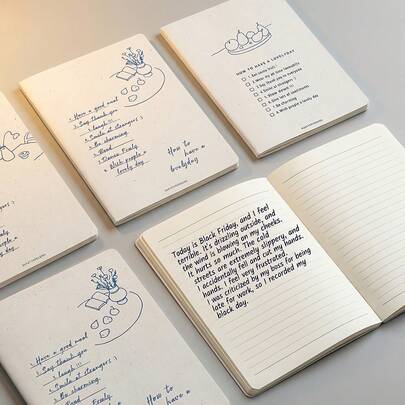 治愈系列“可爱一天”清单封面手绘图案笔记本，横向内页，记录生活中的小确幸，生活卡片打印本 | 8件小事指南，极简设计，提升幸福感，适合办公、学习、通勤等场合，多功能记事本