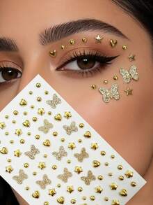 1pc/2pcs Gold & Silver Heart Butterfly Round Clip-On Fake Nose Stud, With Self-Adhesive Rhinestone, Non-Piercing, 3-6mm, Comes With Glitter Butterfly, DIY Design, Body Jewelry, Face Sticker Suitable For Eyebrows, Lips - Gold - View 11