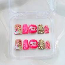 10Pcs Handmade Press on Nails Short Duck Fake Nails with 3D Flaming Red Lips Rhinestone Design Funny Multi-Layer Acrylic False Nails Handmade Duck Nails Press ons Reusable Stick on Nail for Women S - Multicolor - Ver 4