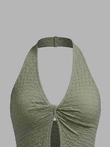 Women's Summer Y2K Casual Vacation Style Olive Green Front Twist Ruched Cropped Camisole Top - Green - View 3