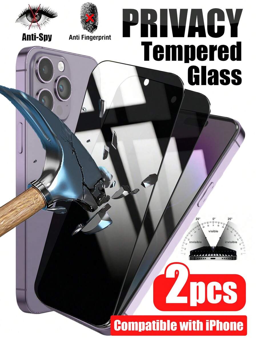 2pcs Privacy Screen Protector, Made Of High-Hardness Glass Material, Effectively Prevents Scratches And Drops, Sensitive Touch, Invisible From Sides, Anti-Fingerprint, Hydrophobic Coating, Compatible With IPhone 11/12/13/14/15/16/16e/17/17Pro/17e/17Air/17Pro Max And Other Models - Black - View 1