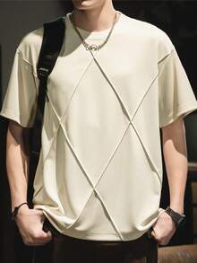 新款男士 Ort Sve T 恤宽松休闲立体设计夏季时尚简约圆领舒适涤纶 T 恤 - 杏色 - 查看 3