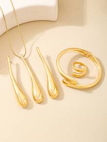 Bộ 5 món trang sức kim loại thanh lịch hình giọt nước, gồm vòng cổ, bông tai, nhẫn và vòng tay, thích hợp để đeo hàng ngày và dự tiệc. - Vàng - Xem 3