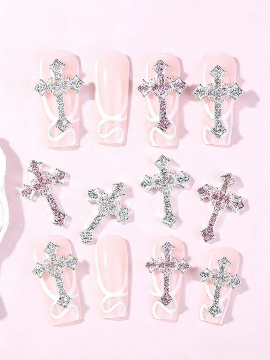 10pcs 3D Alloy Metal Rhinestone Nail Art Decorations, Charm Rhinestone Nail Accessories Nails - Multicolor - View 1